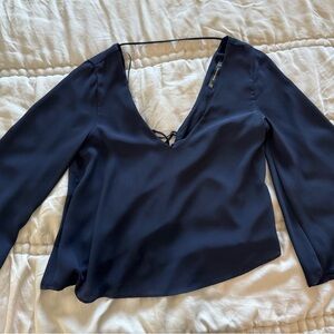Zara Navy Blue Bell Sleeve Women's Top Deep V Tie Back S XS